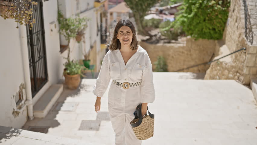 Young beautiful hispanic woman standing smiling showing the place at typical spanish old town