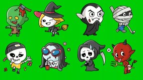 An animated bundle of moving ghosts with a green background, suitable for making Halloween videos