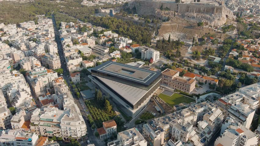 Athens, Greece. Acropolis Museum in the light of the morning sun. Summer, Aerial View, Point of interest