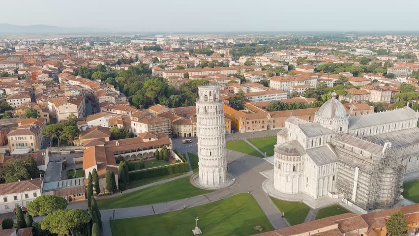 Pisa, Italy. Famous Leaning Tower and Pisa Cathedral in Piazza dei Miracoli. Summer. Morning hours, Aerial View, Point of interest Royalty-Free Stock Footage #1110313267