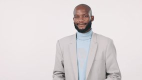 Business advertising, thumbs up or black man point at sales news, discount notification or studio promotion. Service deal, emoji yes sign or portrait person with approval feedback on white background - Powered by Shutterstock - Get 15% off with code: PIKWIZARD15