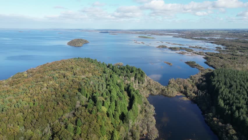 A breathtaking aerial view of the Clonbur fishing lakes and White Island, located near Connemara National Park in Galway County, Ireland
