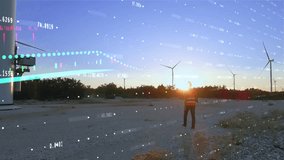 Engineer Walking Towards Wind Farm With Rising Stock Prices Digital Graphics.  - Powered by Shutterstock - Get 15% off with code: PIKWIZARD15