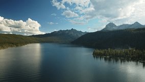 Aerial flyover view of redfish lake  stanley, idaho, united states