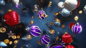 Christmas background. The new year 2026, 2025. Festive background. Colorful Christmas balls, gifts and Golden stars moving in space with confetti. Looped 4K animation. - Powered by Shutterstock - Get 15% off with code: PIKWIZARD15