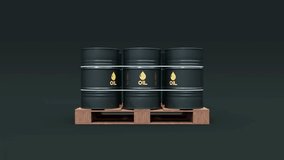 Oil barrels reveal and represent high prices. Conceptual 3D rendering animation. Slow motion dirty black liquid metal barrel