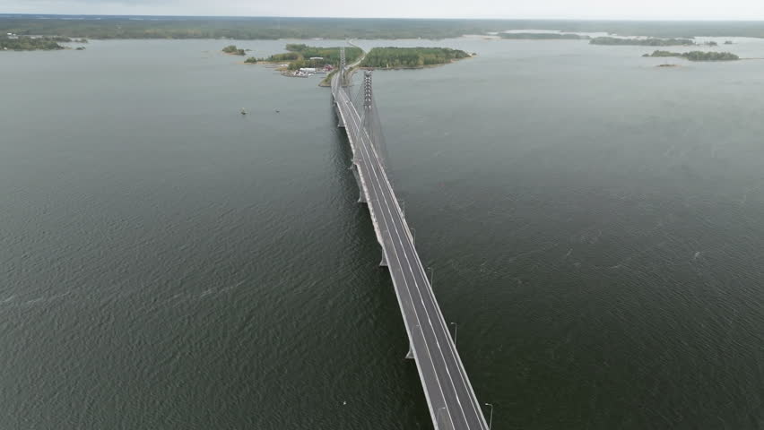 Cable-stayed Replot Bridge In Korsholm Near Vaasa, Finland During Cloudy Day. Aerial Drone Shot