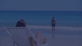 Animation of financial data processing over caucasian couple on beach. Global business, computing and data processing concept digitally generated video. - Powered by Shutterstock - Get 15% off with code: PIKWIZARD15