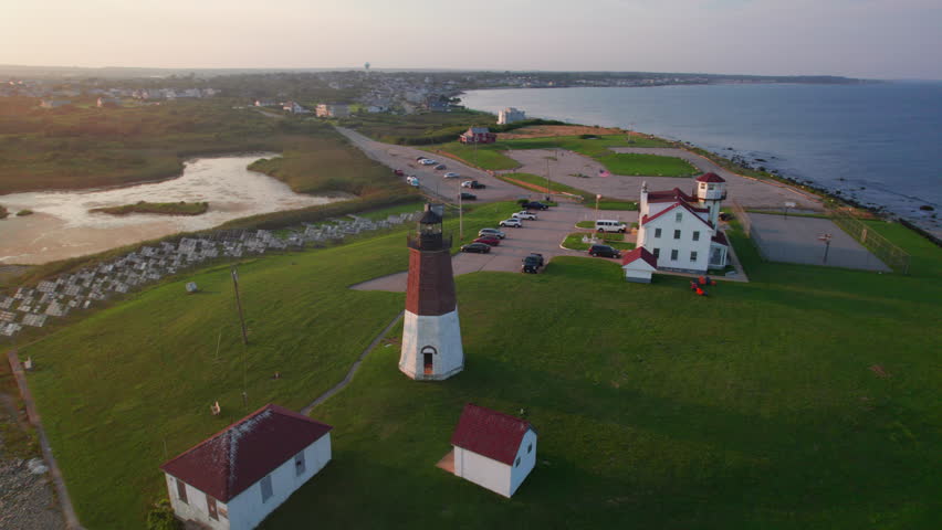 Drone footage of Point Judith Lighthouse on Narragansett Bay, Rhode Island