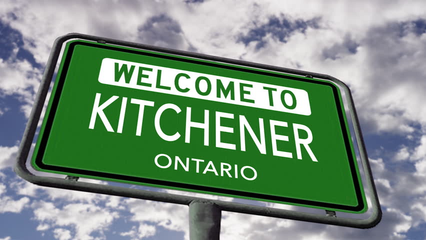 Welcome to Kitchener, Ontario. Canadian Road Sign Close Up, Realistic Animation