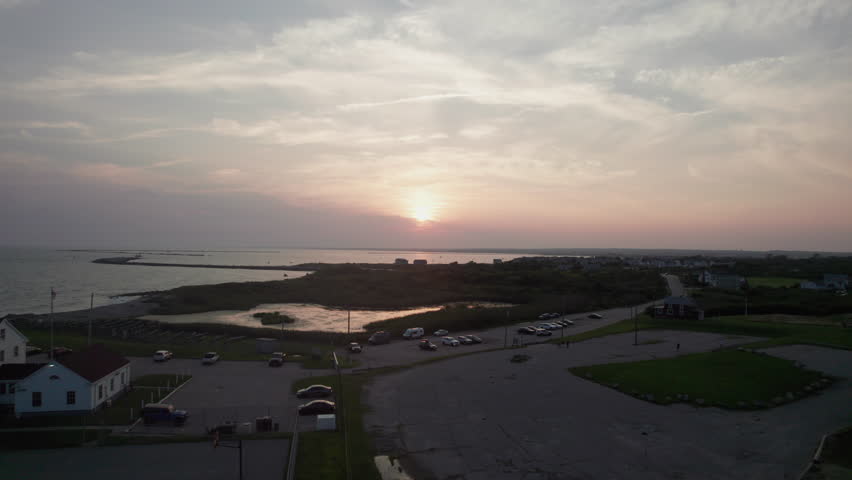 Aerial view at sunset of Point Judith Lighthouse on Narragansett Bay, Rhode Island