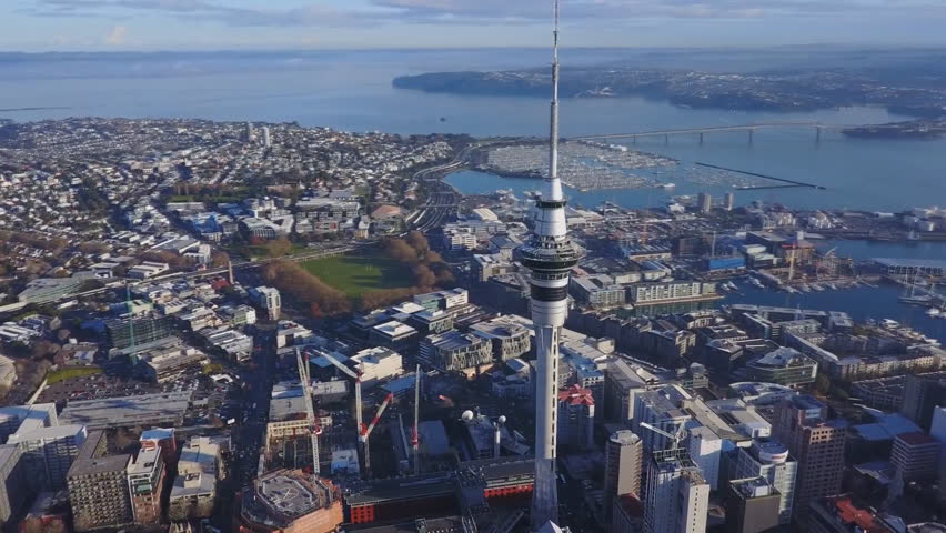 Aerial view of Sky Tower - a radio tower located in downtown Auckland, New Zealand.