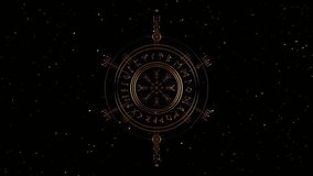 Video Viking Pagan Asatru Runic Compass, Vegvisir Rune Circle Viking in motion. Norse Mythology Golden Protective talisman. Magical Navigator footage on the galaxy space