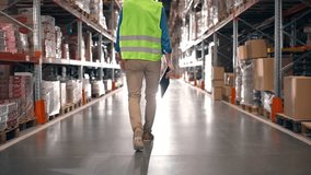 Back view of male contractor. Storage worker in reflective vest and protective helmet making review of warehouse. Industrial man going at storage building with multi tiered shelves. - Powered by Shutterstock - Get 15% off with code: PIKWIZARD15