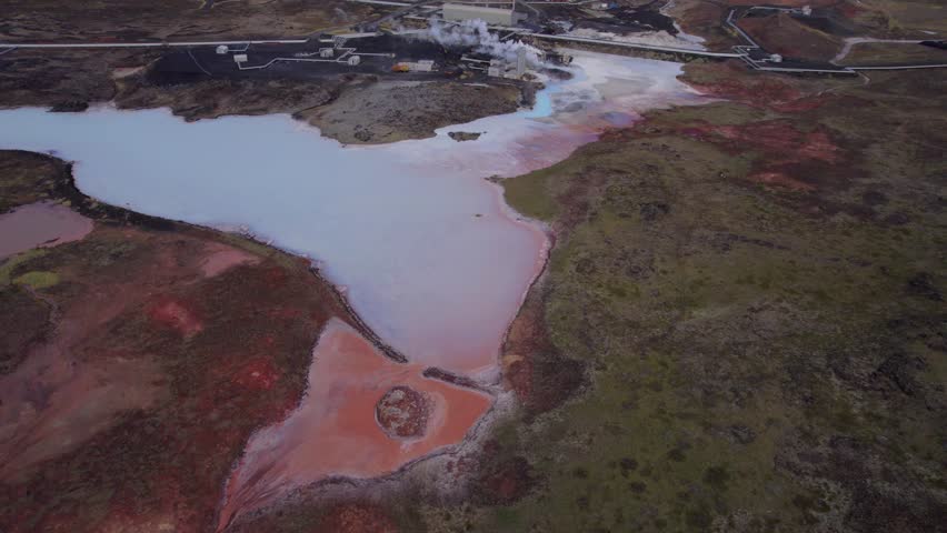 Geothermal renewable energy factory in Gunnuhver, Southwest Iceland. Aerial