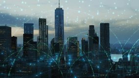 Aerial view of Manhattan at Dusk, Bright connections Forming a Network of Cyan Arches, Triangles and Lines over New York city. IOT, AR, VR. Shot From Helicopter In 8K. - Powered by Shutterstock - Get 15% off with code: PIKWIZARD15