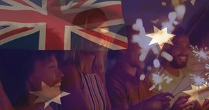 Composite video of australia flag over group of diverse friends celebrating with sparklers at beach. Partriotism and independence day celebration concept