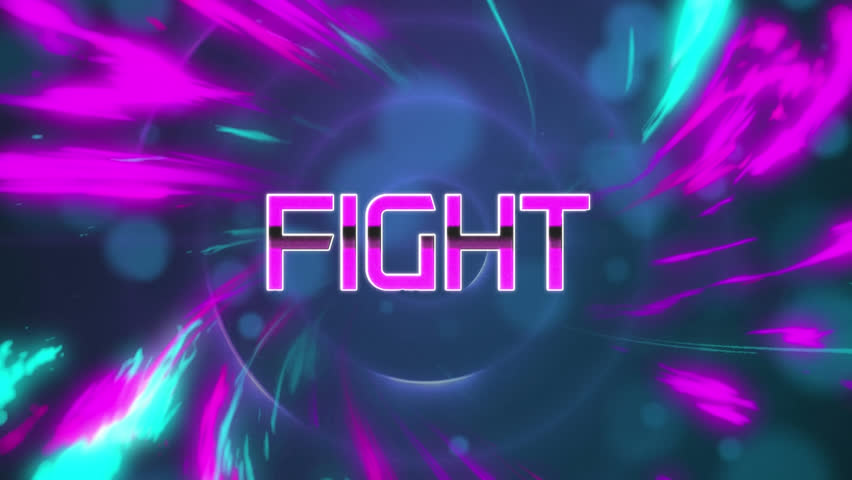 Animation of fight text banner and digital waves against blue spots and spinning circular shapes. Video game and entertainment technology concept - Powered by Shutterstock - Get 15% off with code: PIKWIZARD15