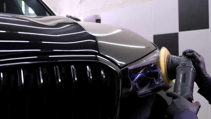 Car care in a modern car dealership, a worker polishes the black body. Polishing machine.  - Powered by Shutterstock - Get 15% off with code: PIKWIZARD15