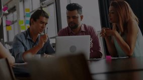 Animation of stock market data processing against group of diverse colleagues discussing at office. Global economy and business data technology concept - Powered by Shutterstock - Get 15% off with code: PIKWIZARD15