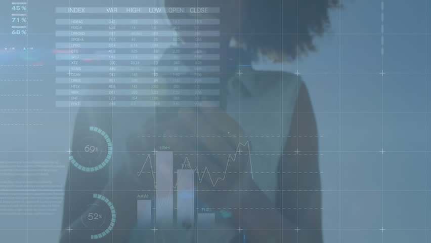 Animation of statistical data processing against african american woman using smartphone outdoors. Computer interface and business data technology concept - Powered by Shutterstock - Get 15% off with code: PIKWIZARD15