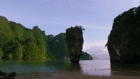 Aerial video footage of Khao Tapu, located in the waters off the southwestern tip of Phang Nga National Park, is a popular tourist destination in Phang Nga.
