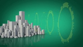 Animation of round scanners spinning over 3d city model against green background with copy space. Computer interface and architectural engineering technology concept - Powered by Shutterstock - Get 15% off with code: PIKWIZARD15