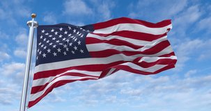 United States flag with flagpole waving in wind, rolling clouds background looping, 4K video (Perfect Loop)