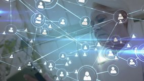 Animation of network of connections and light trails against caucasian senior woman using tablet. Global networking and business technology concept - Powered by Shutterstock - Get 15% off with code: PIKWIZARD15