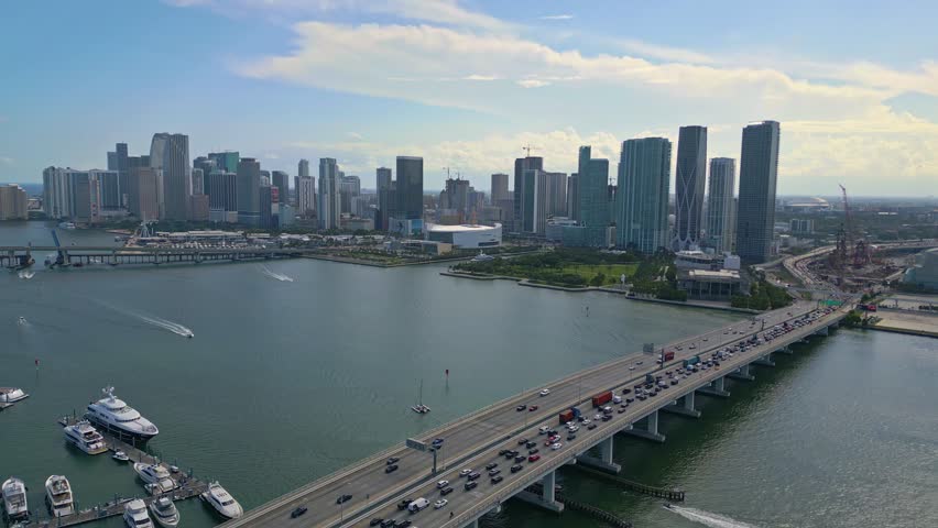 Aerial drone shot of Miami Macarthur Causeway Bridge, Florida, USA Royalty-Free Stock Footage #1110363533