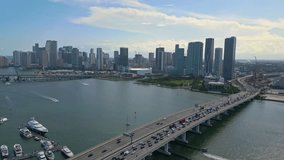 Aerial drone shot of Miami Macarthur Causeway Bridge, Florida, USA