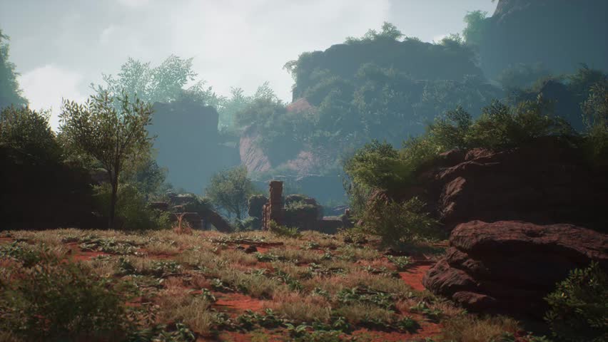 lost ancient ruins inside a jungle rocky environment with trees and bushes, 3D animation, animated scene, camera dolly left
