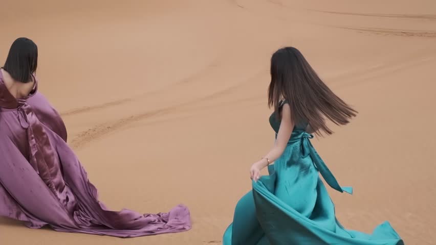 Two young women in long dresses developing in the wind run barefoot through the sand dunes of the desert Royalty-Free Stock Footage #1110364403