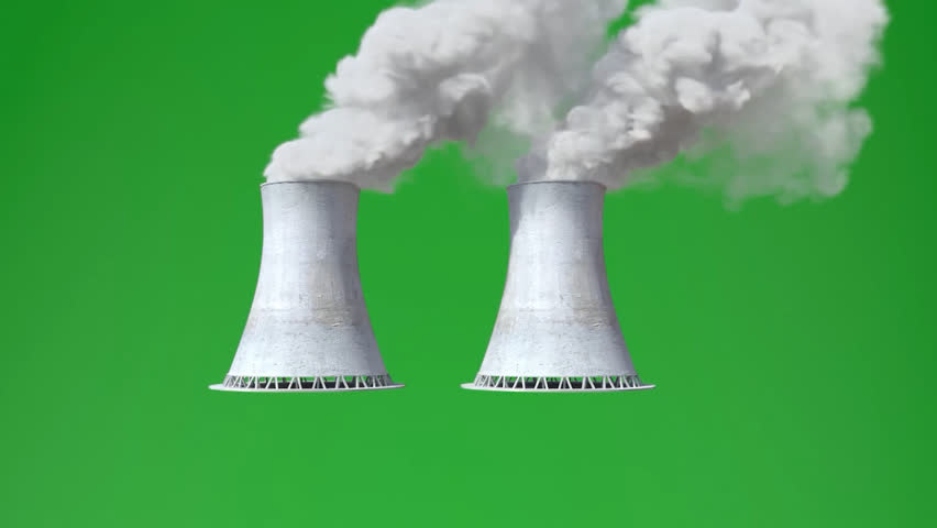 Nuclear power station. Large coal fired power station with cooling towers, chimney and boiler house in an air pollution or carbon footprint concept green screen