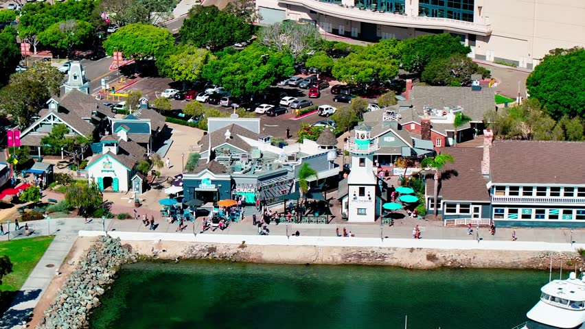 Seaport Village aerial view of the shops, restaurants, and lots of people walking around in San Diego California.