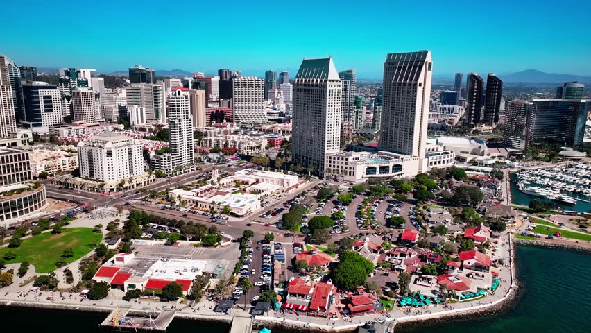 Embarcadero Marina Park in San Diego with views of the Convention Center and the harbor full of boats.