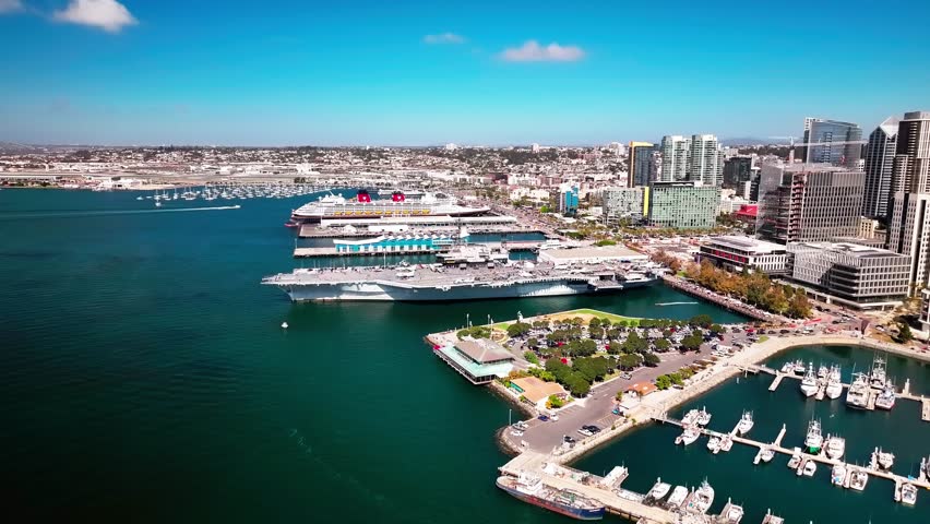 Flying slowly towards the USS Midway in San Diego California.