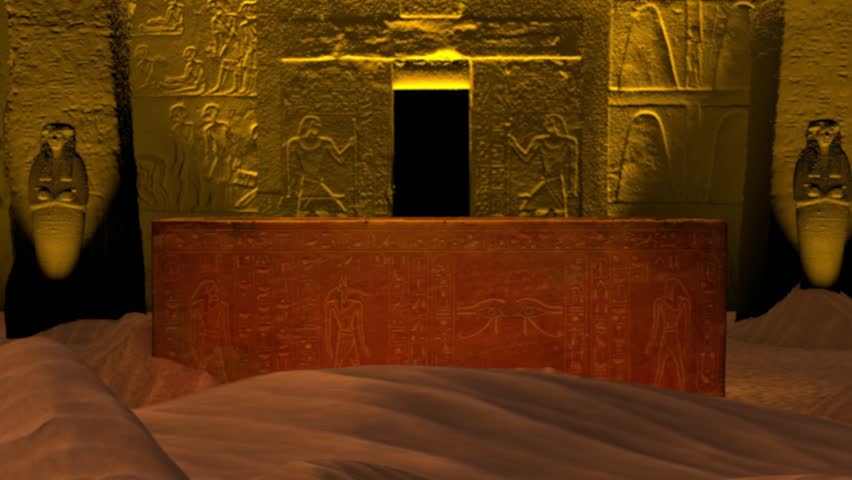 Egyptian pharaoh entombment. The mummy resurrecting, rising from behind the sarcophagus, casket, looking around and hiding back. Full length.