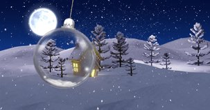 Animation of winter scenery with snow globe and house over snow falling background. Christmas, tradition and celebration concept digitally generated video.