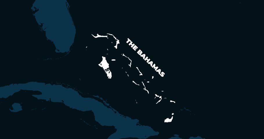 World Map Zoom In To The Bahamas. Animation in 4K Video. White Bahamas Territory On Dark Blue World Map