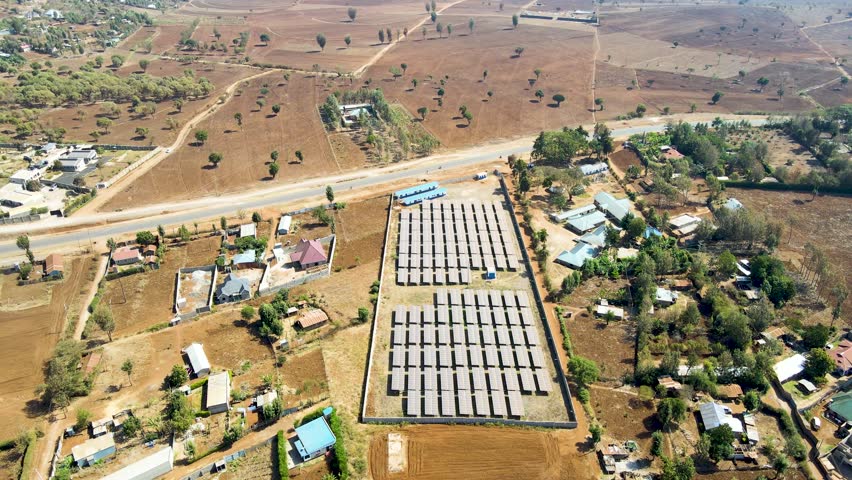 Jib down of solar panel farm in rural Africa- Sdg green renewal energy- Solar panel cell photovoltaic farm