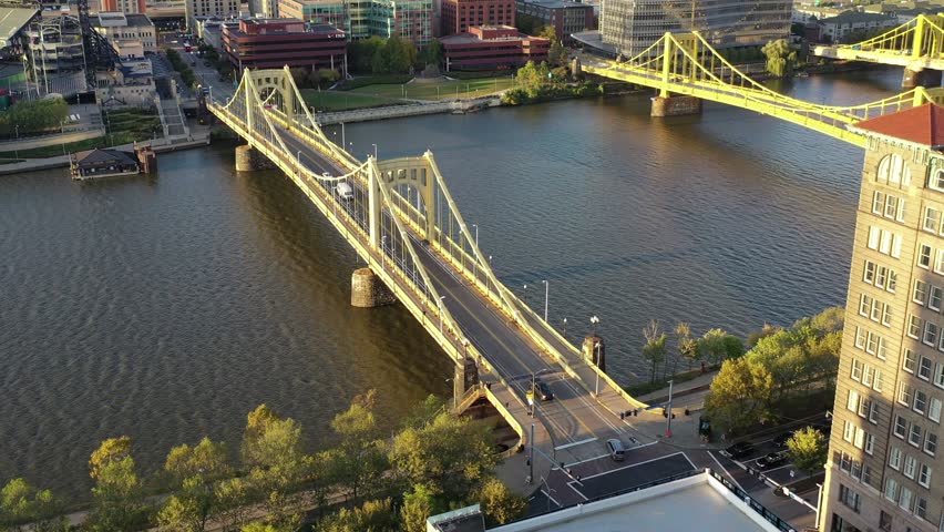 Pittsburgh bridges aerial pan over the river