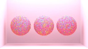 3D render of abstract art video animation 3D background with surreal motion moving festive wavy party balls sphere particles liquid substance in blue purple hot pink gradient color in rectangle shape