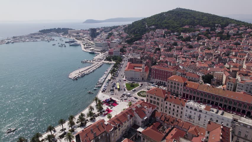 Spectacular aerial view of Split port old town, Croatia, establishing drone shot Royalty-Free Stock Footage #1110381167