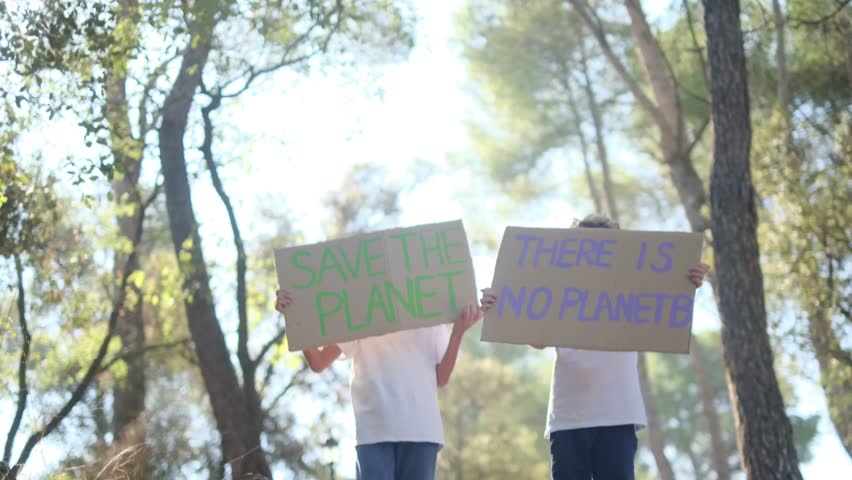 Sunny day in the woods, children with signs protesting climate change. Advocating for a sustainable, pollution-free future. Eco-conscious youth, environmental responsibility, childhood eco-awareness Royalty-Free Stock Footage #1110382191