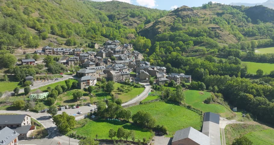 Durro panoramic aerial view, in the Vall de Boi, Lleida Catalonia, Cataloged as one of the most beautiful towns in Spain