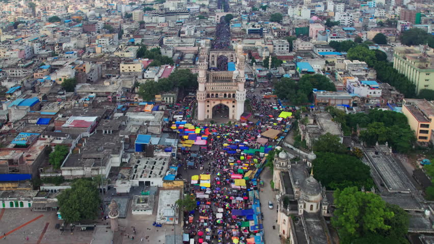 hyderabad charminar with front market establishing shot drone 4k 30p day time