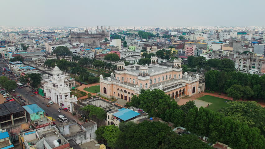 aerial drone view of Chowmahalla Palace in hyderabad, telangana with mecca masjid and charminar in the background