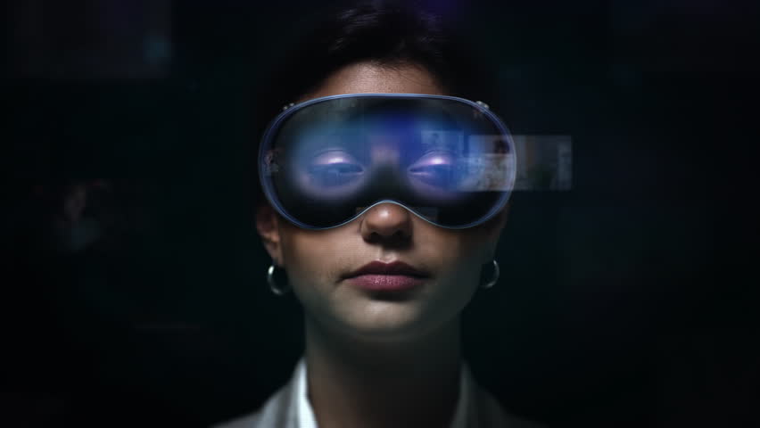 Young Latin American Woman Checking Social Media Posts and Videos on Her Hi Tech Virtual Augmented Reality Glasses. Holographic Screens Appearing in VR Headset. Metaverse.
 Royalty-Free Stock Footage #1110387765