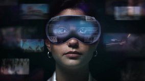 Young Latin American Woman Checking Social Media Posts and Videos on Her Hi Tech Virtual Augmented Reality Glasses. Holographic Screens Appearing in VR Headset. Metaverse.
